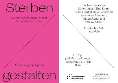 Flyer für die Veranstaltung Sterben gestalten. Der Flyer ist in den Farben Pink und Weiss mit Text gestaltet.